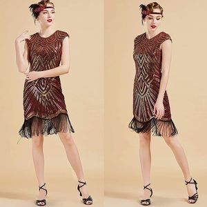BABEYOND Dark Red & Gold Sequins Fringe Roaring 20s Gatsby Flapper Dress